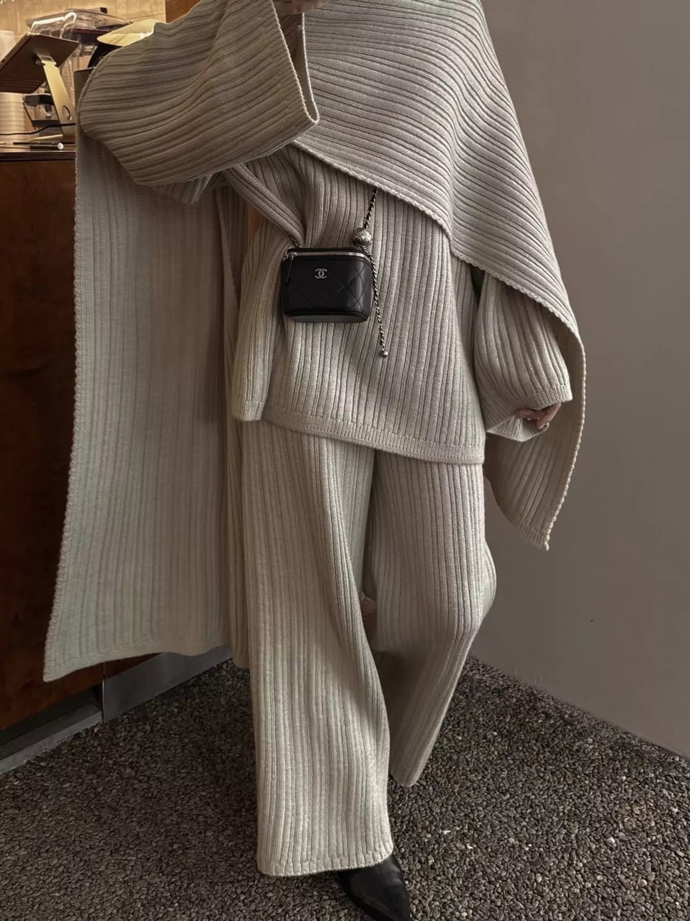 Really There Ribbed Sweater and Pants Set with Scarf