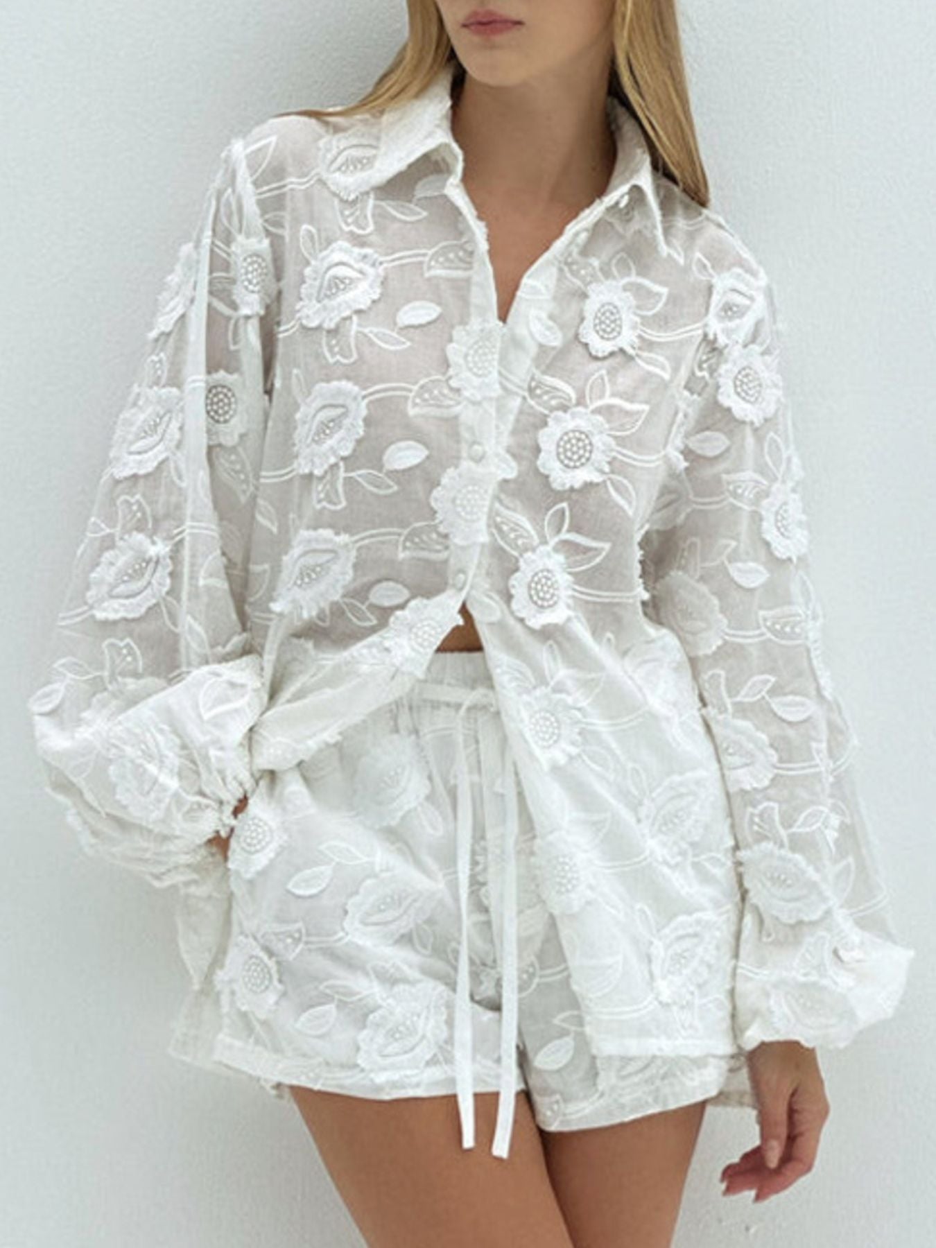 Free And Floral Embroidered Shirt and Shorts Set