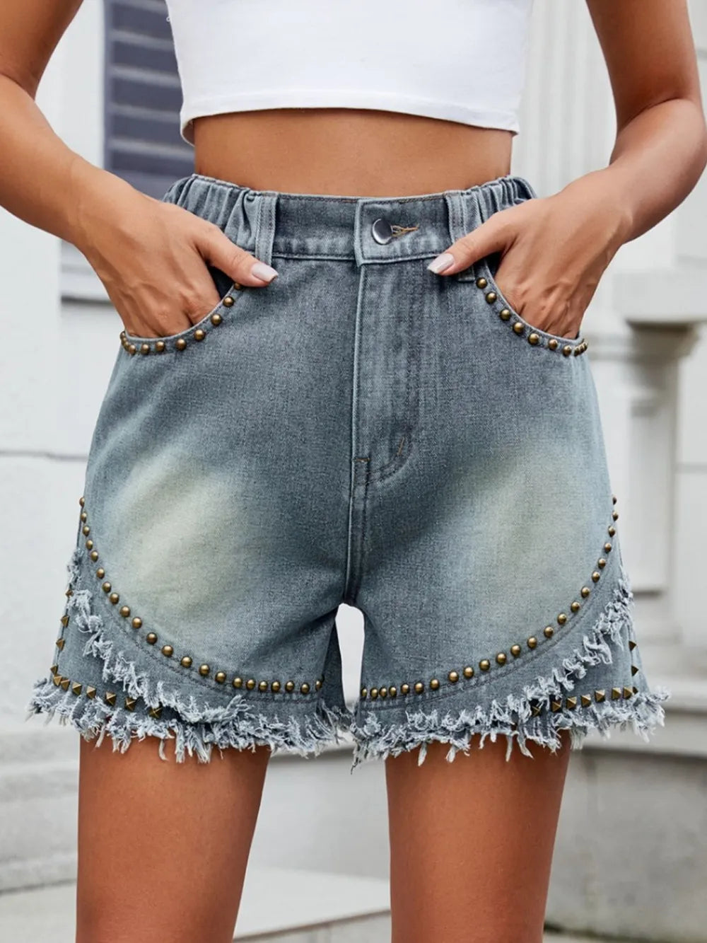 Rough Around The Edges Studded Denim Shorts